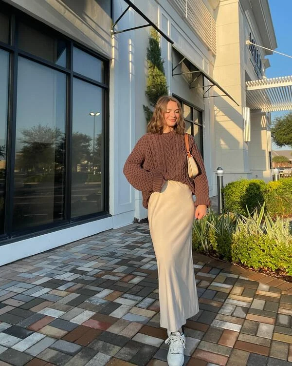 Cable Knit Sweater And Satin Maxi Skirt