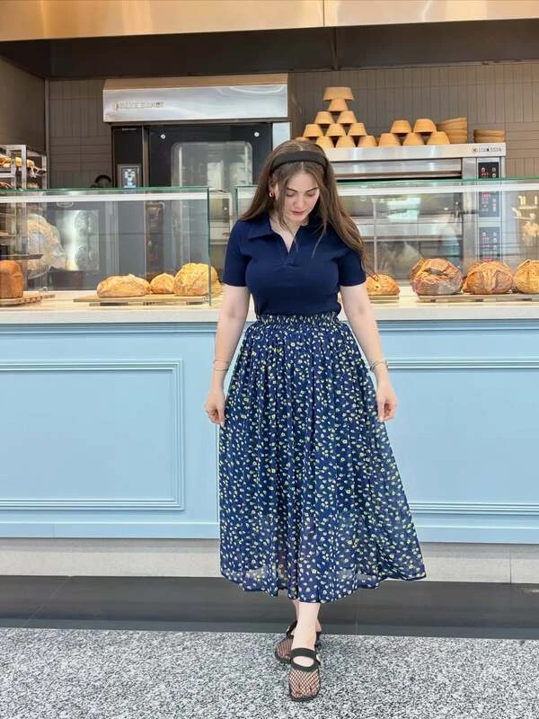 Navy Floral Midi Skirt