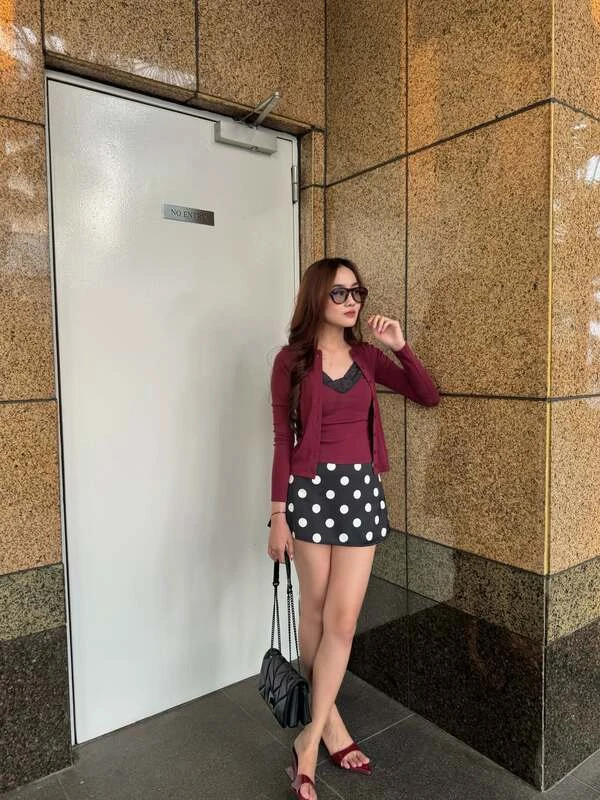 Maroon Cardigan Polka Dot Skirt