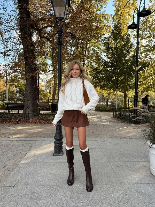 White Cable Knit Sweater And Suede Skirt