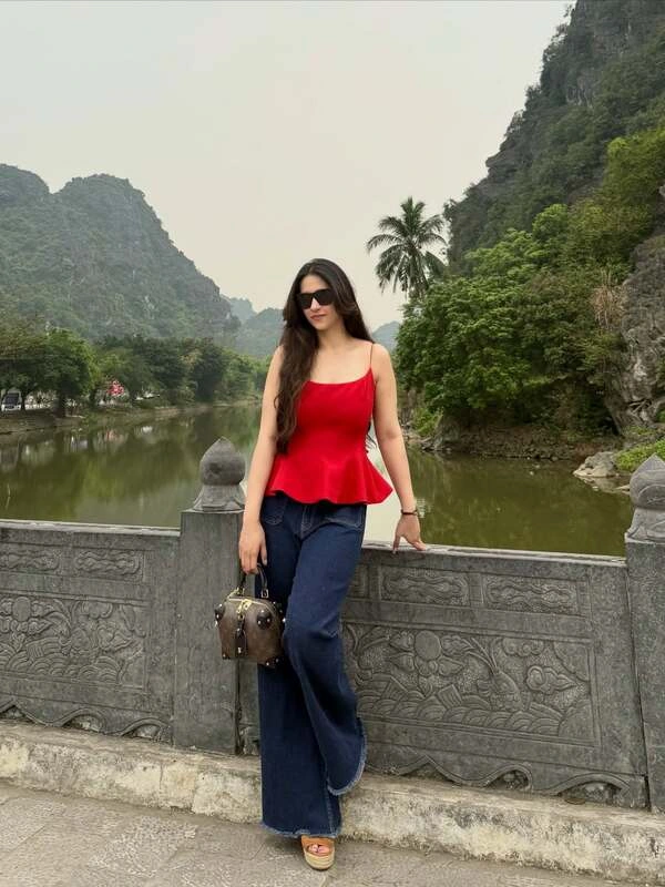 Red Peplum Top Wide-Leg Jeans