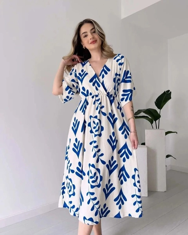 Blue Print Wrap Midi Dress
