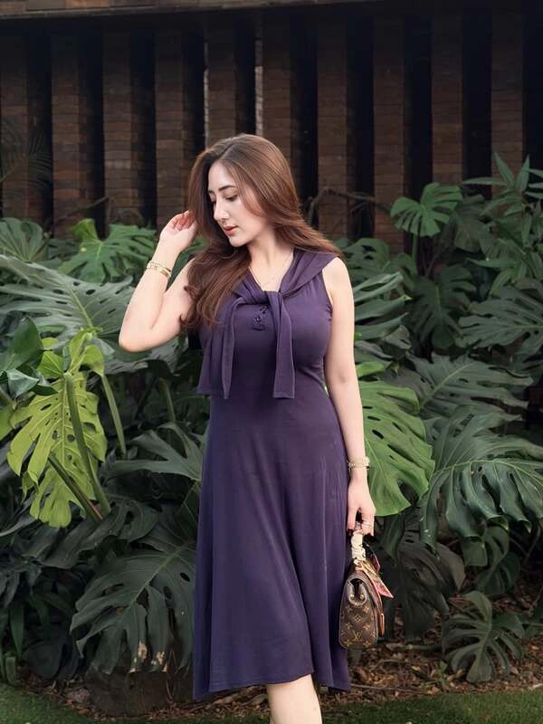 Tie-Neck Purple Midi Dress