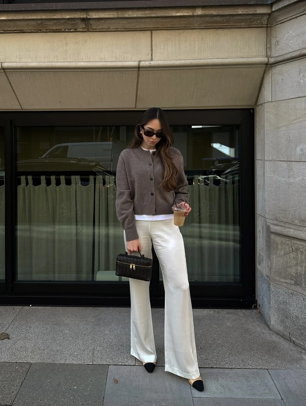 Brown Cardigan And Satin Flare Pants