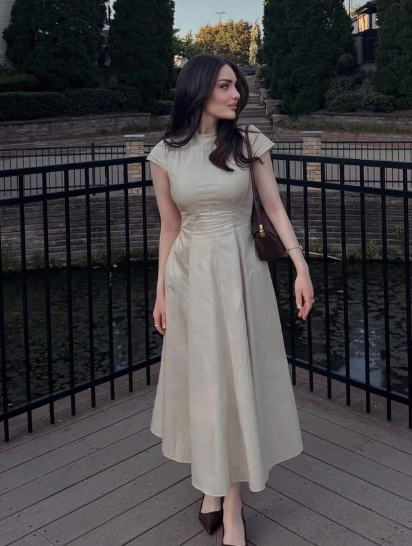 Beige Fit-and-Flare Midi Dress