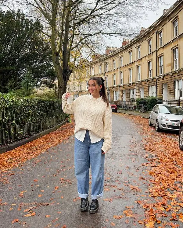Cream Cable Knit Sweater And Cuffed Jeans