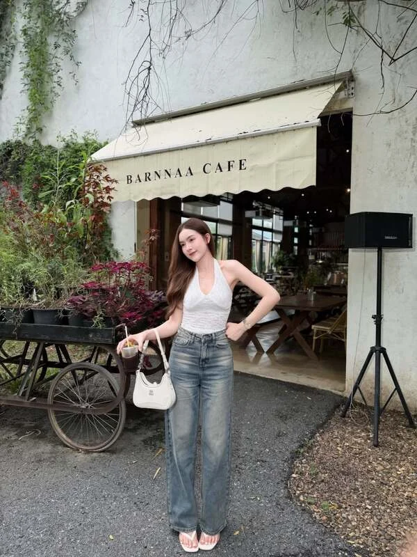 White Halter Top Straight Jeans