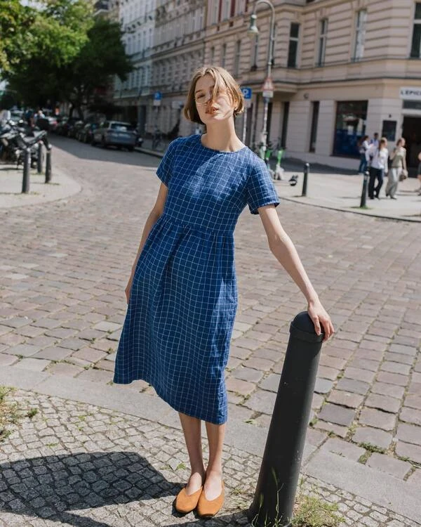 Navy Windowpane Midi Dress