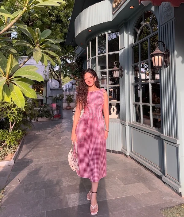 Pink Gingham Midi Dress