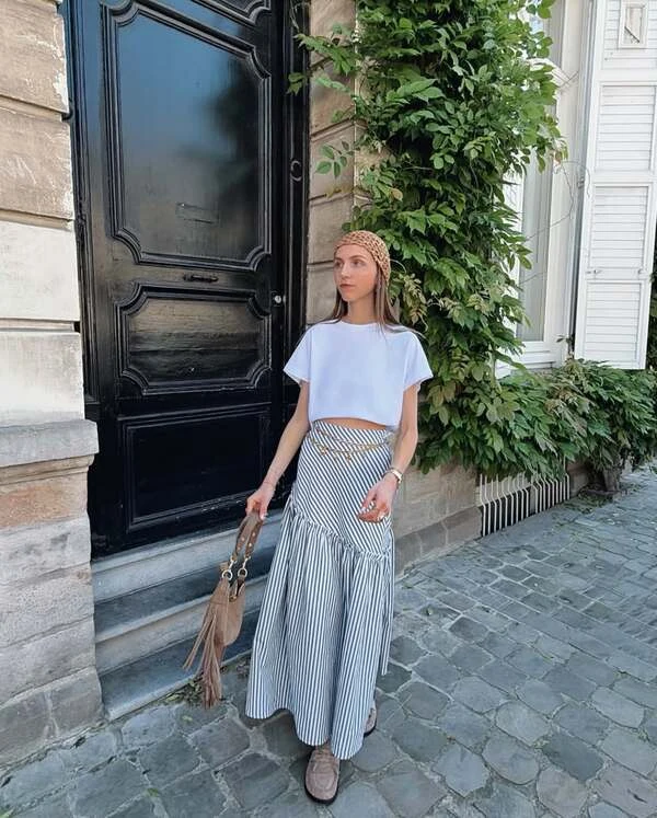Striped Ruffle-Hem Maxi Skirt