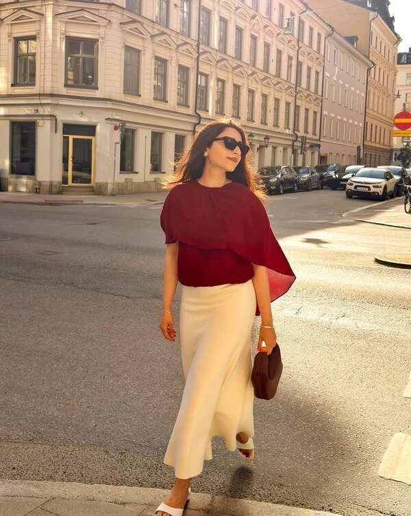  Cape-Sleeve Blouse and Midi Skirt