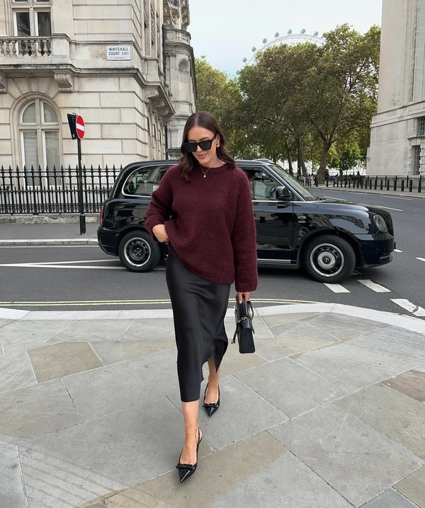 Burgundy Sweater And Black Slip Skirt