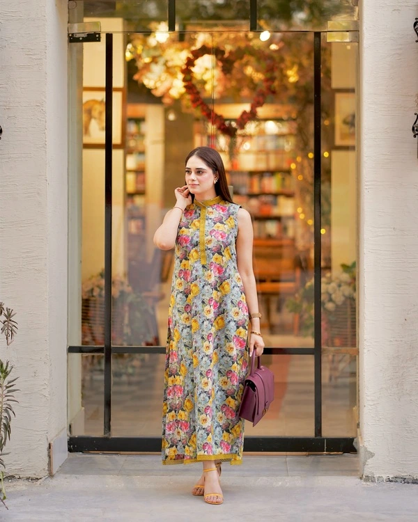 Floral Maxi Dress with Mustard Trim