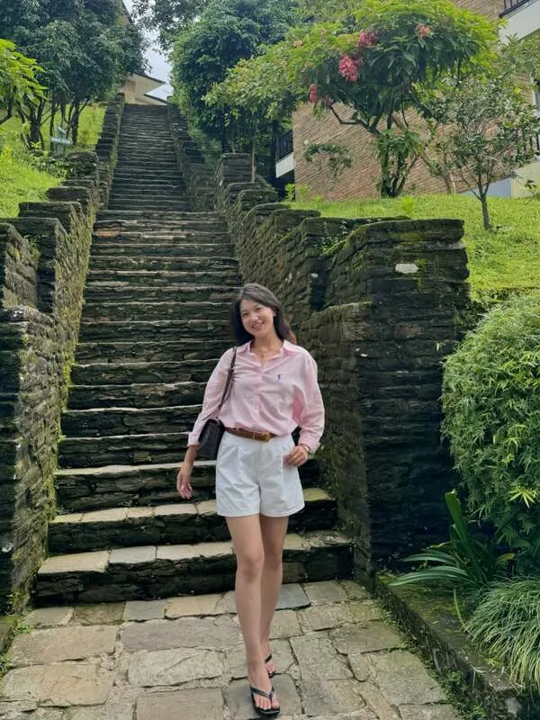  Pink Button-Up And White Shorts