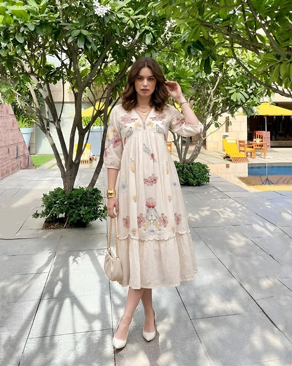Embroidered Cream Midi Dress