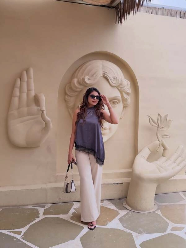 Grey Lace-Trim Top And Wide-Leg Pants