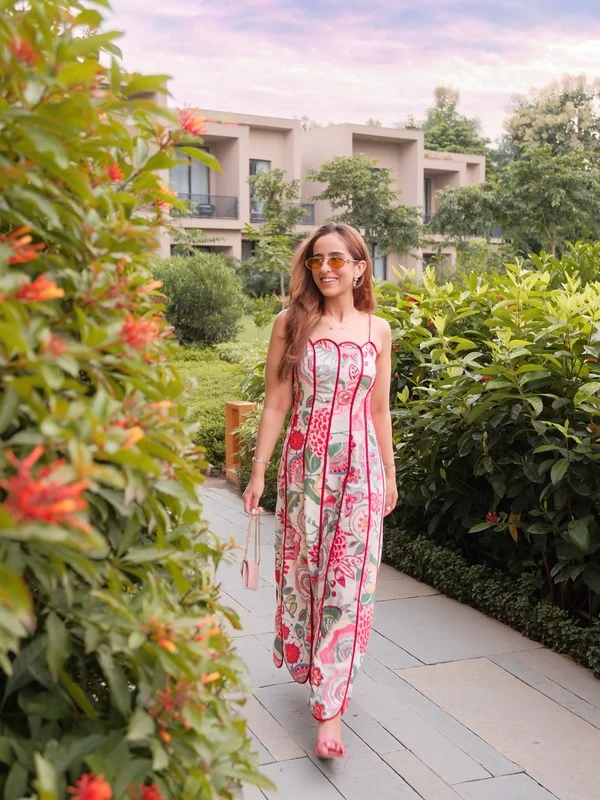 Floral Maxi Dress With Red Piping