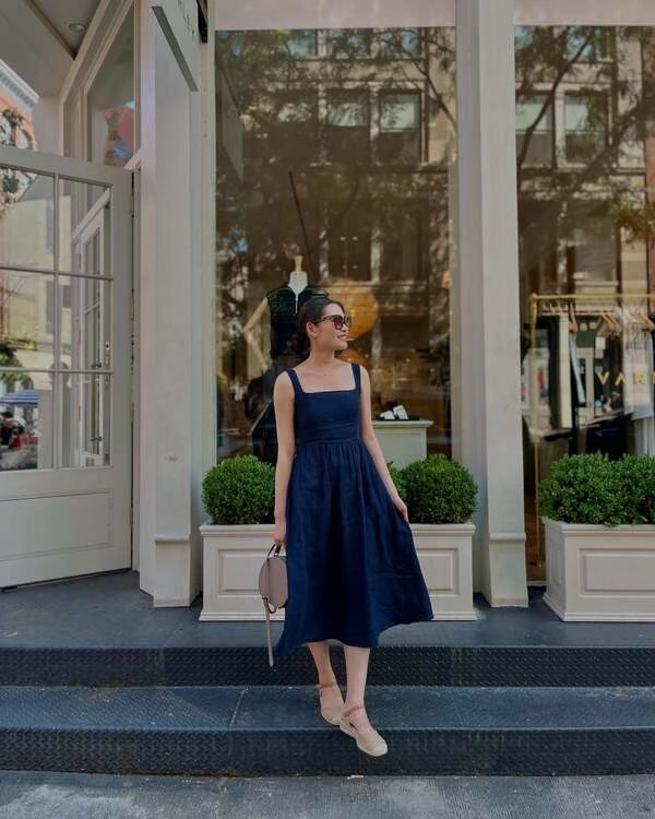 Navy Linen Midi Dress