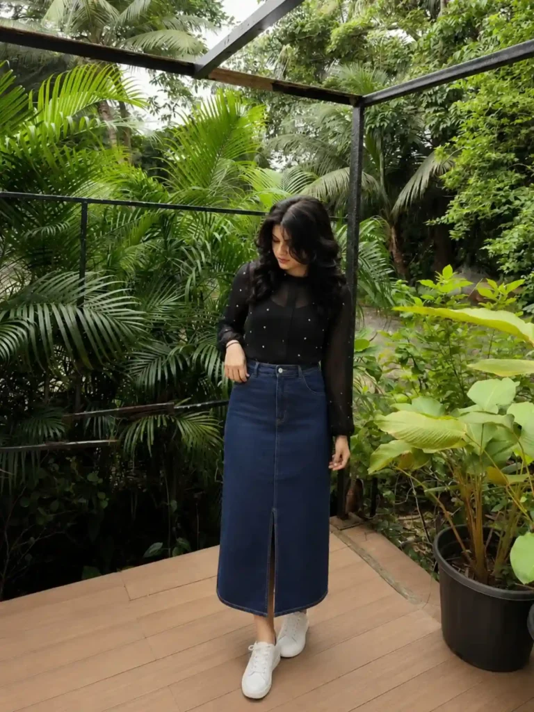 Black Polka Dot Blouse and Denim Skirt