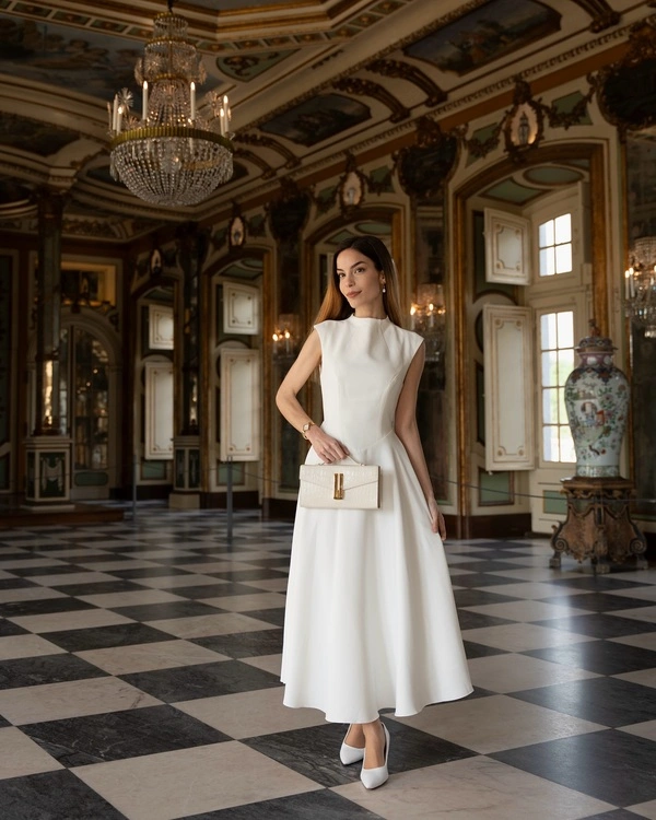 White Mock-Neck Midi Dress
