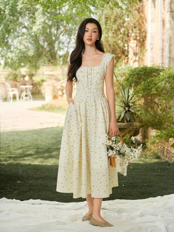 Yellow Floral Midi Dress