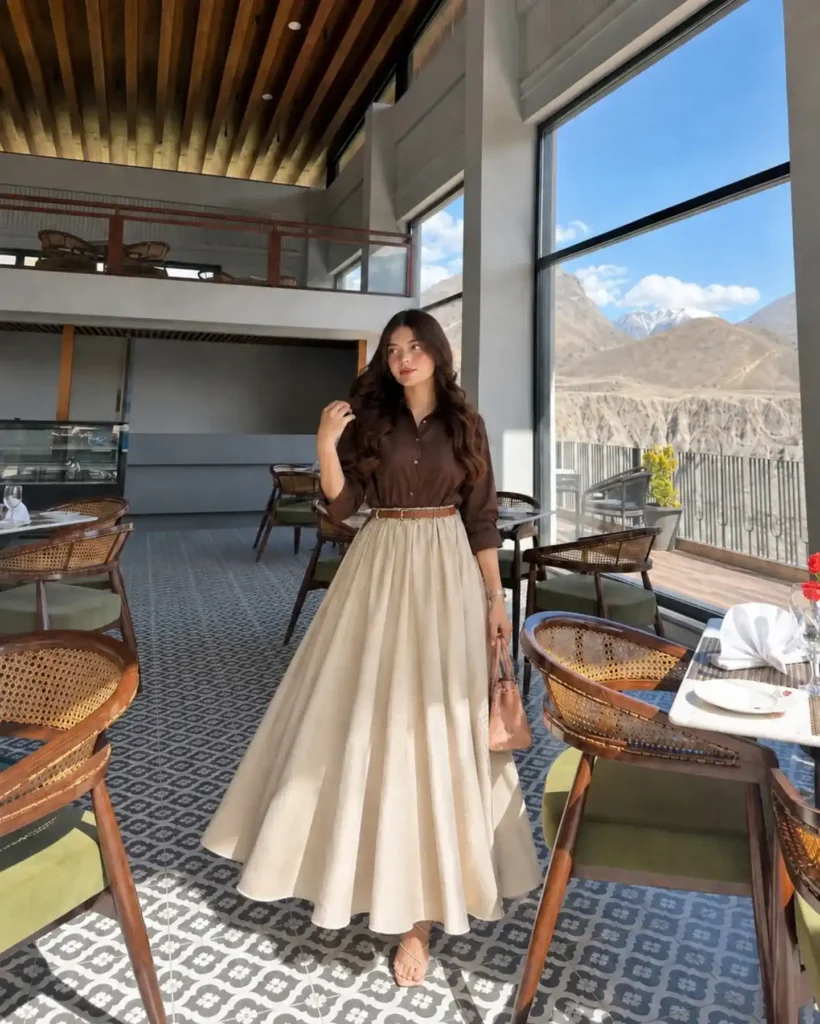 Brown Shirt & Beige Maxi Skirt