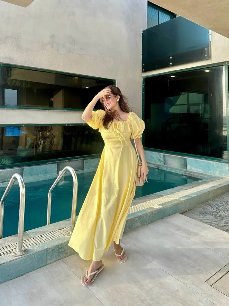 Yellow Puff-Sleeve Midi Dress