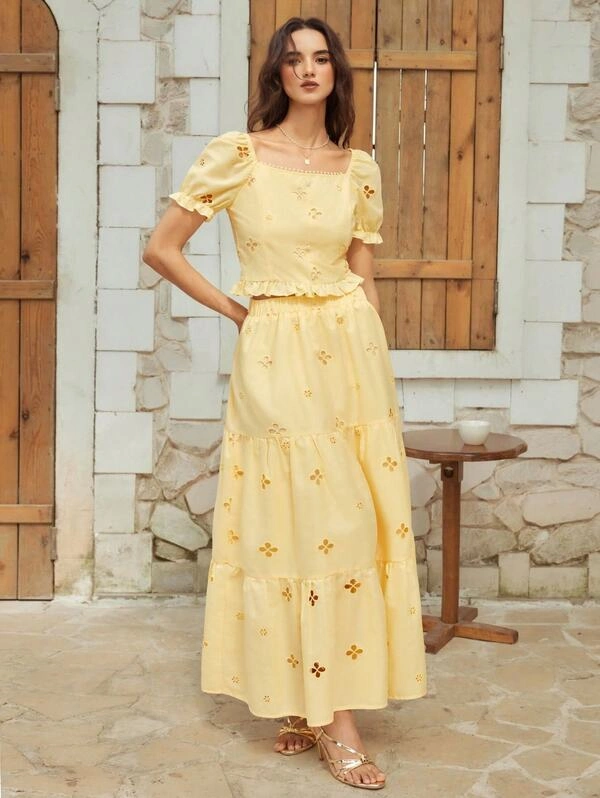 Yellow Eyelet Two-Piece Set