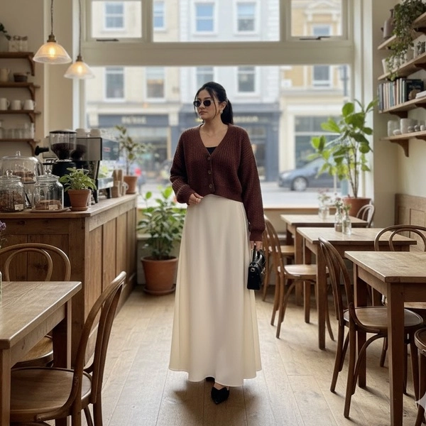 Brown Cardigan And Cream Maxi Skirt