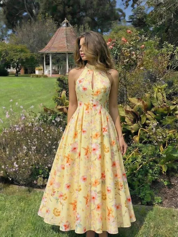 Yellow Floral Halter Dress