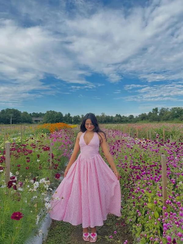 Pink Gingham Halter Maxi Dress