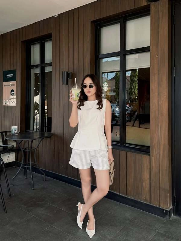  White Peplum Top And Striped Shorts