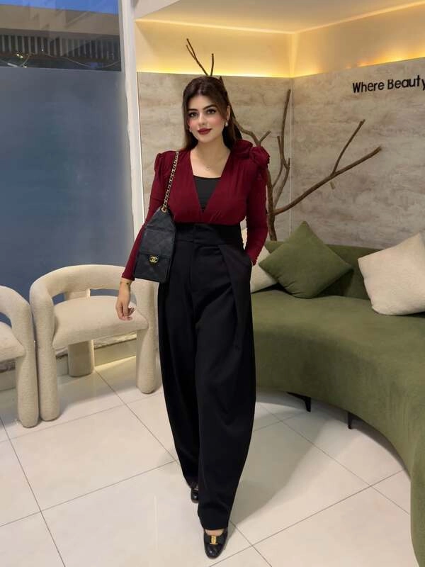 Red Top Black Trousers