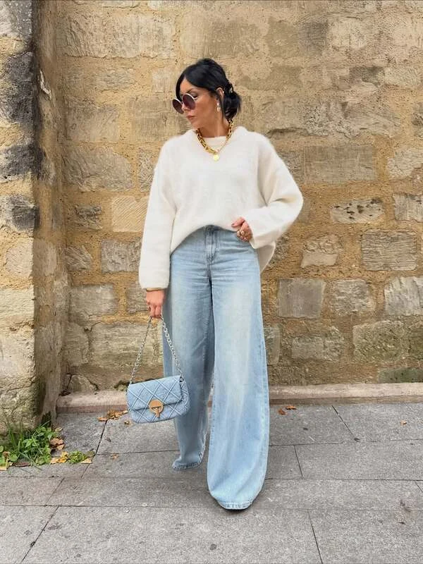 Fuzzy Sweater Wide Leg Jeans