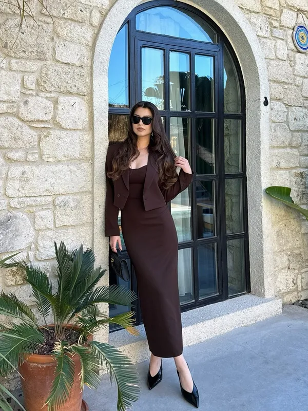 Brown Blazer and Maxi Dress