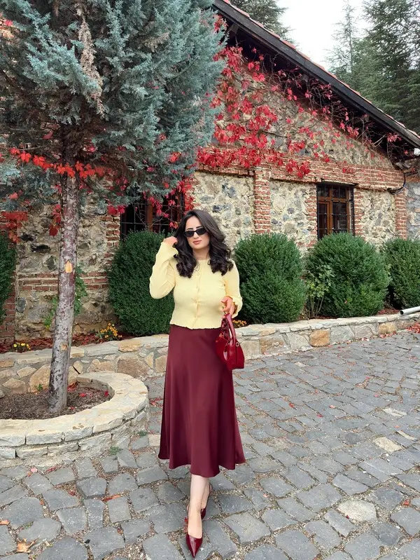Yellow Cardigan Burgundy Skirt