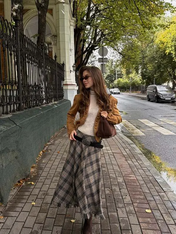 Suede Jacket Plaid Skirt