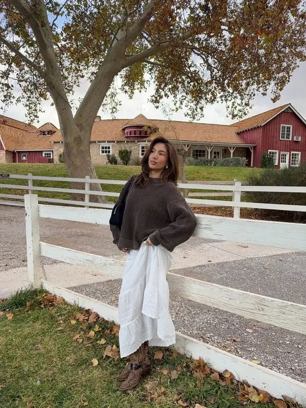 Brown Sweater and White Skirt