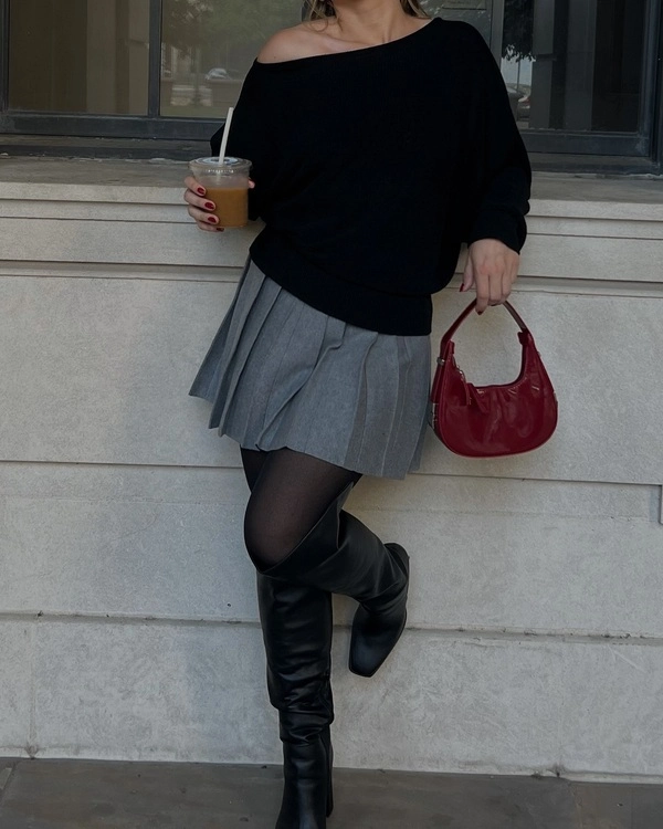 Off Shoulder Sweater, Pleated Skirt