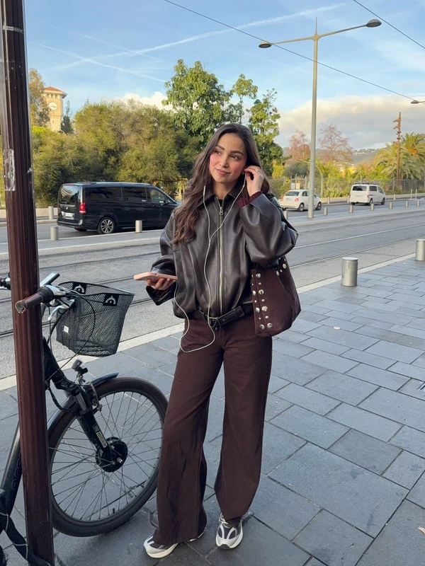 Leather Jacket Wide Trousers