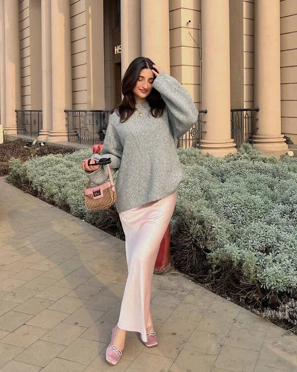 Gray Sweater and Pink Skirt