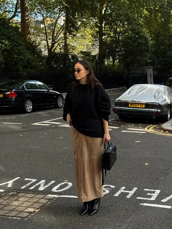 Black Sweater, Suede Skirt