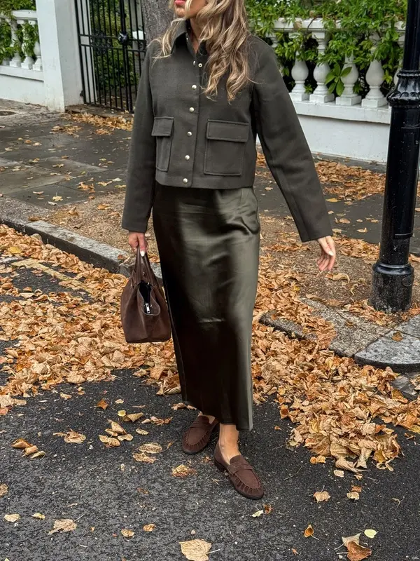 Olive Jacket, Satin Skirt