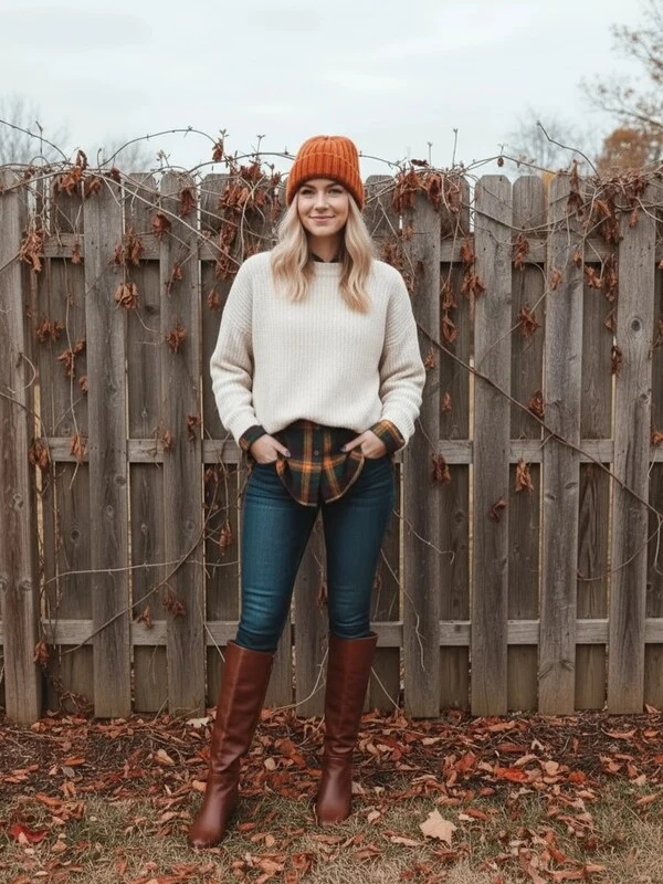 Cream Sweater Plaid Layers