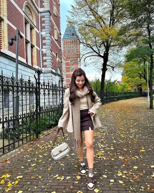 Beige Coat and Lace-Up Skirt