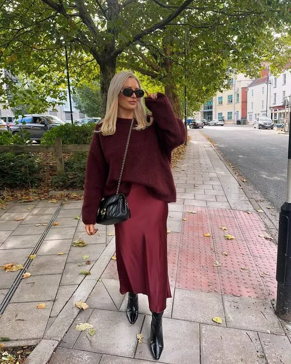 Burgundy Sweater, Satin Skirt