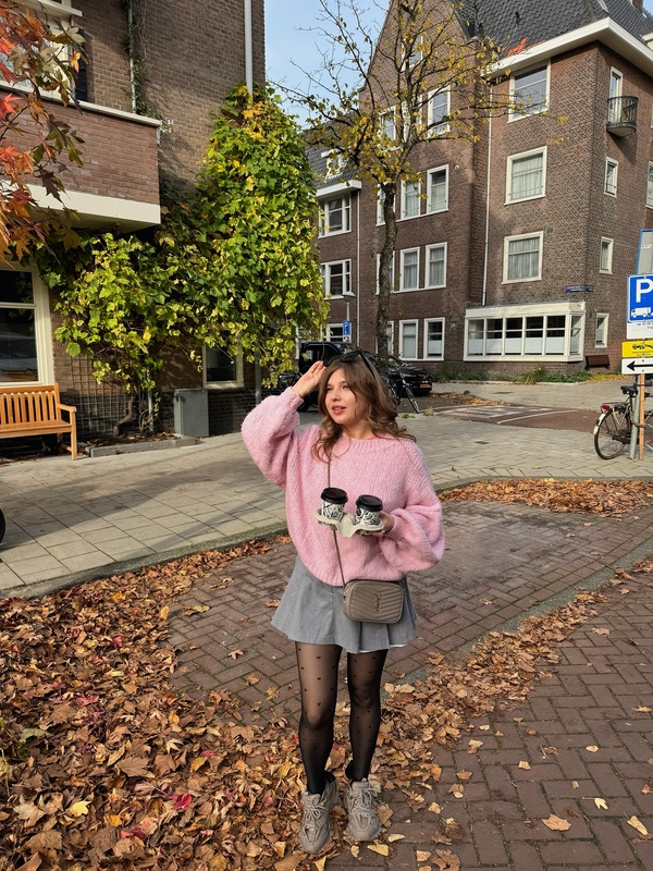 Pink Sweater and Pleated Skirt