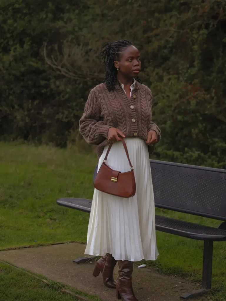 Brown Cardigan, Pleated Skirt