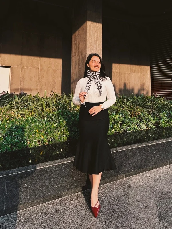 White Sweater, Midi Skirt