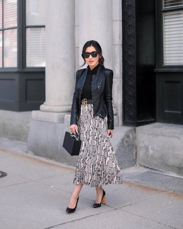Snakeskin Pleated Midi Skirt